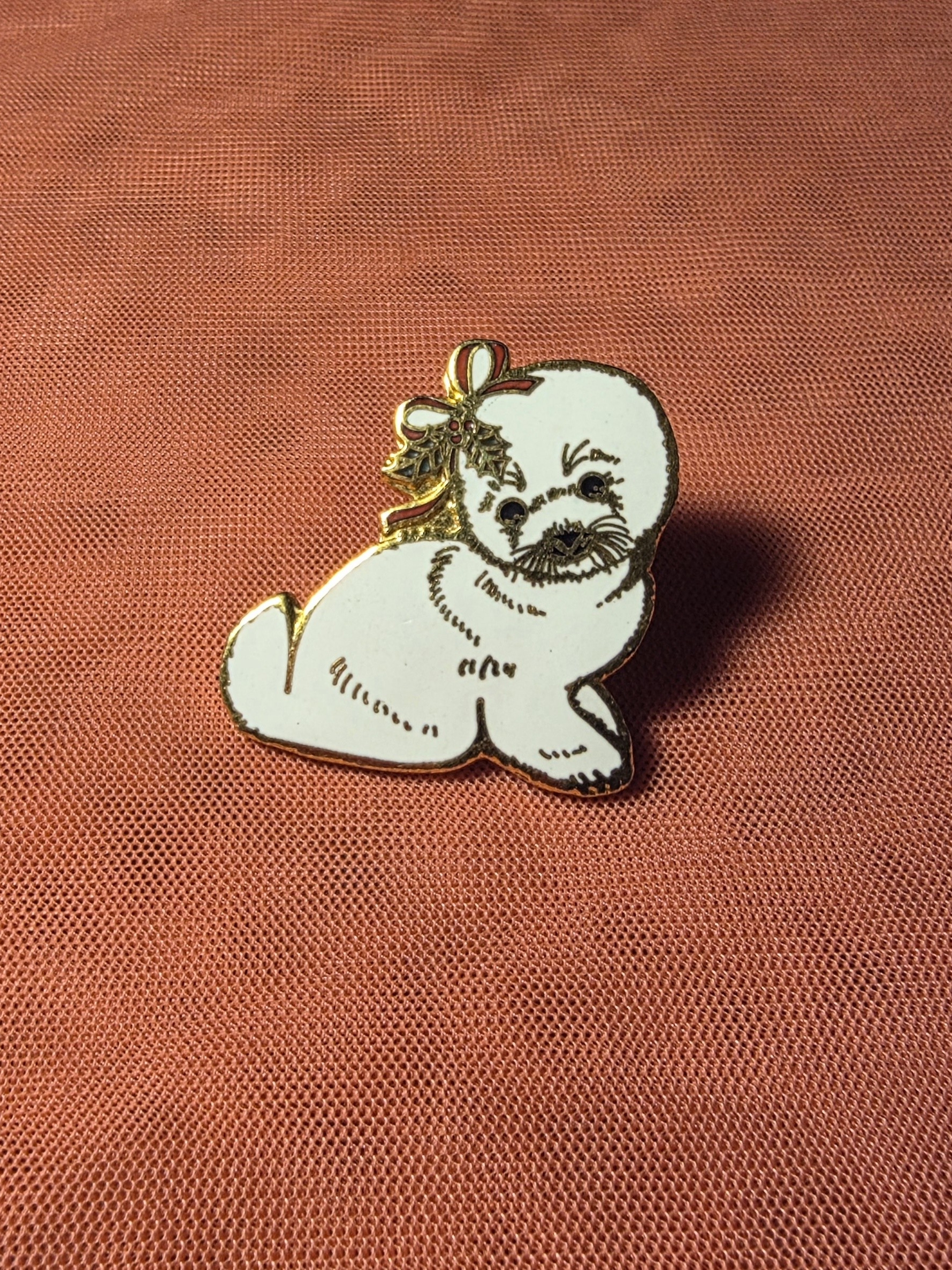 White Seal Enamel Pin With Gold Accents  Small Pets Accessories